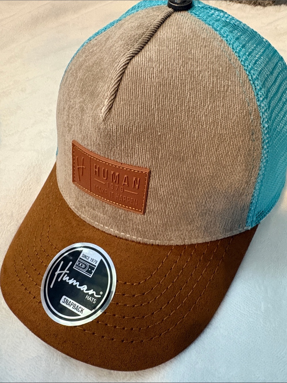 Human Hats Snapback trucker Cap in Beige & Brown with teal blue mesh